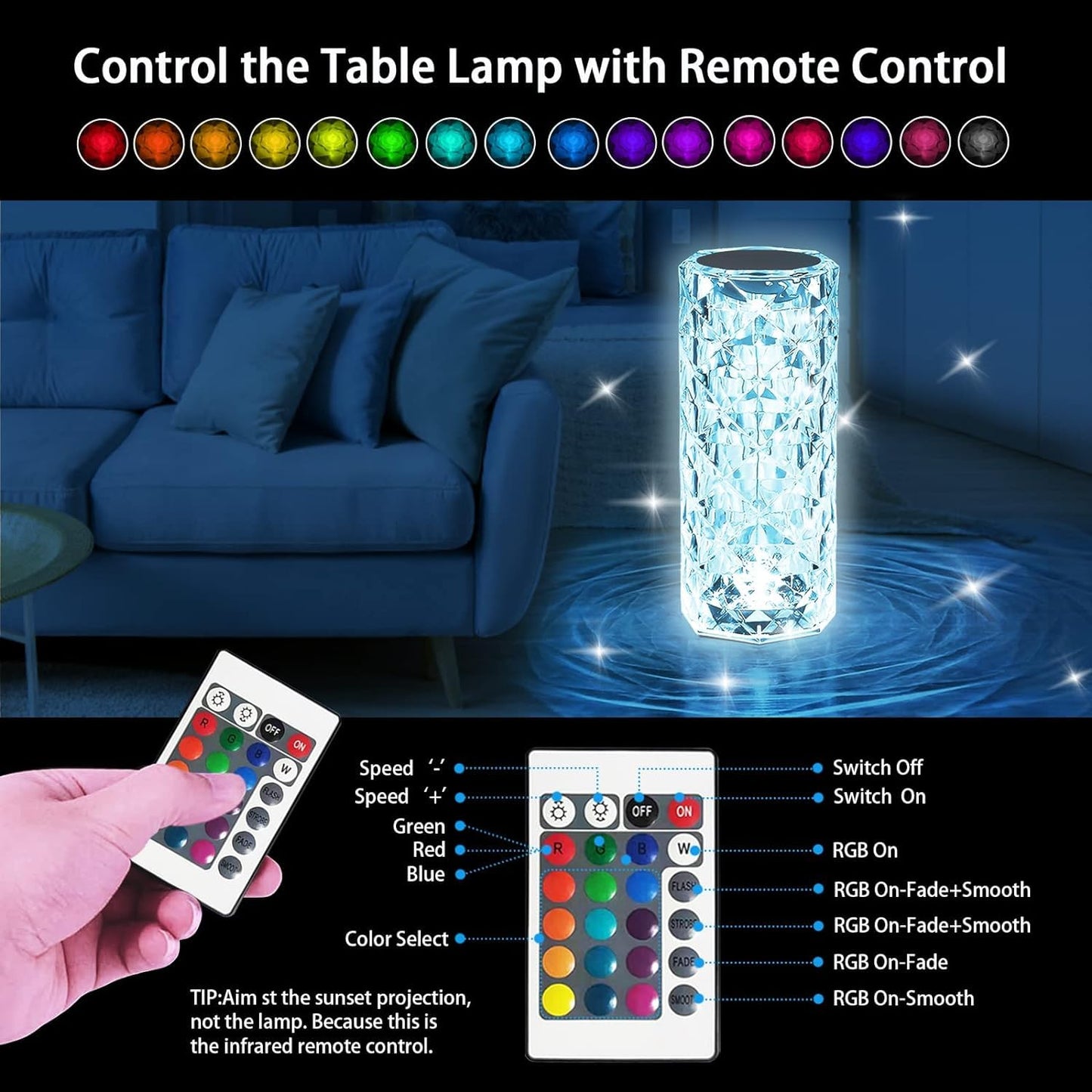 16 Colors Rose Rays Crystal Diamond Table Lamp